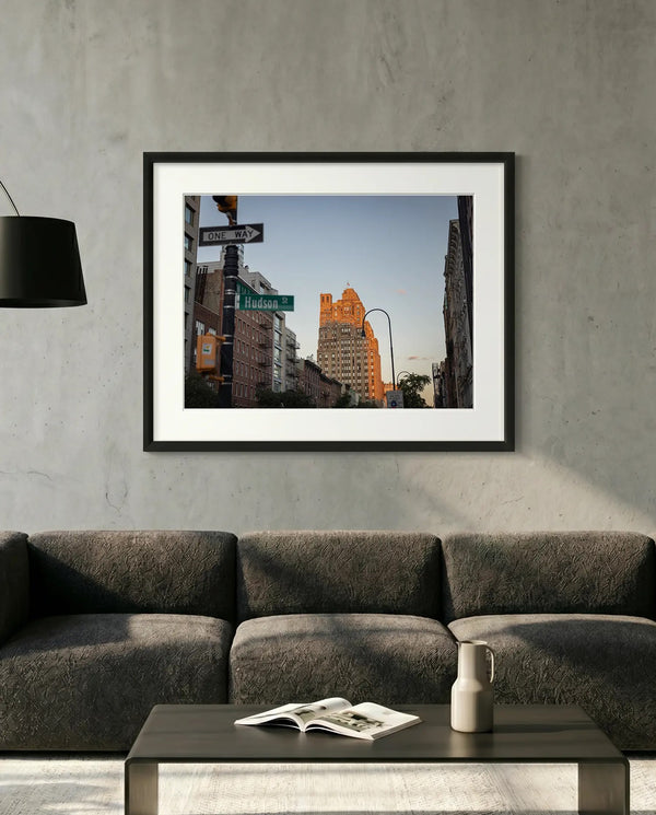 NYC Hudson Street Sunset, West Village — minimalist close-up framed print mockup, Good Beans NYC.
