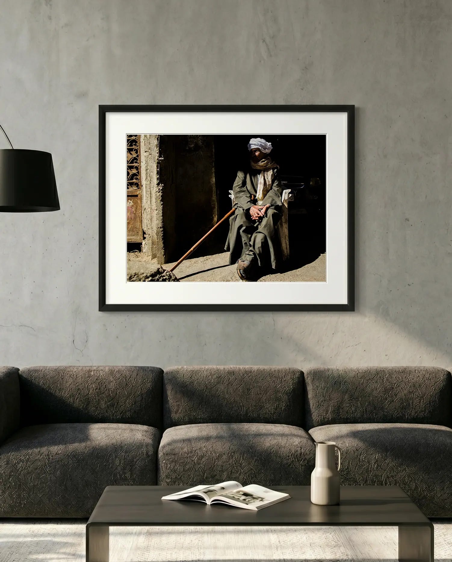 Egypt Old Man with Cane, Cairo's Garbage City — minimalist close-up framed print mockup, Good Beans NYC.