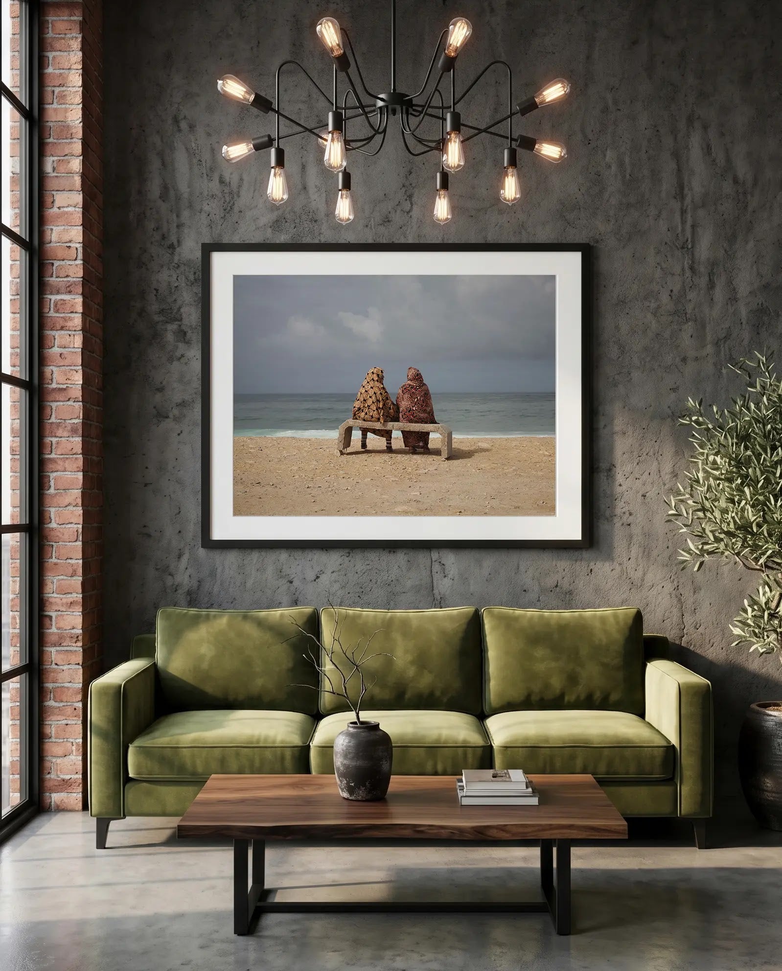 Moroccan Women on Bench by the Sea, Taghazout — green velvet couch room mockup, Good Beans NYC.
