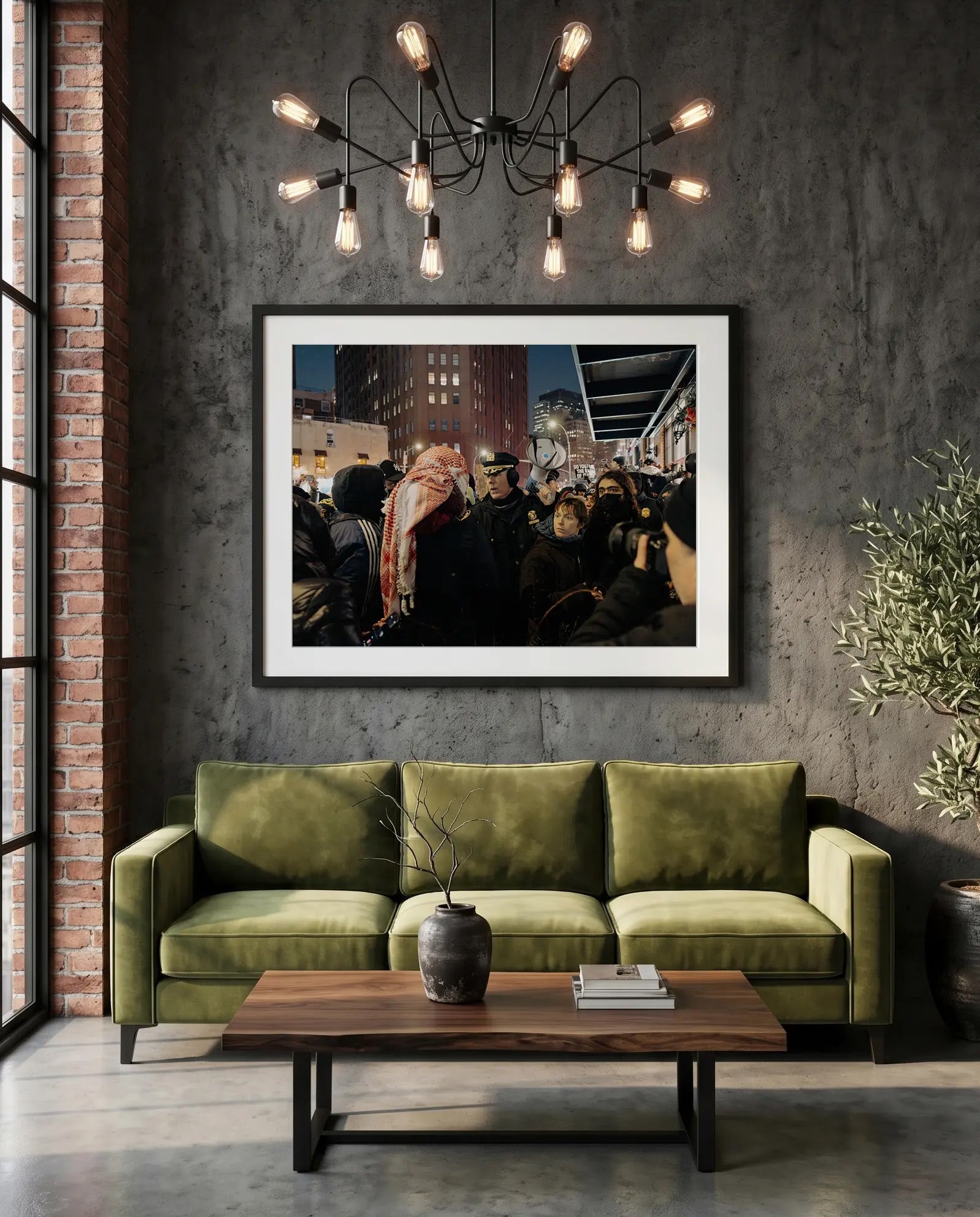 NYC NYPD Megaphone Standoff, Pro Palestine — green velvet couch room mockup, Good Beans NYC.