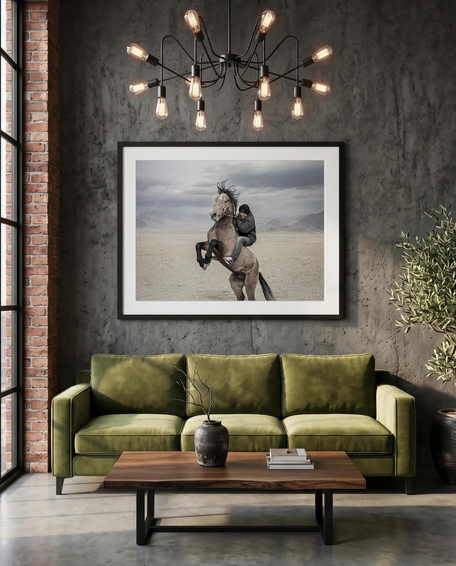 Mongolian Horse Rider, Bayan-Ölgii — green velvet couch room mockup, Good Beans NYC.
