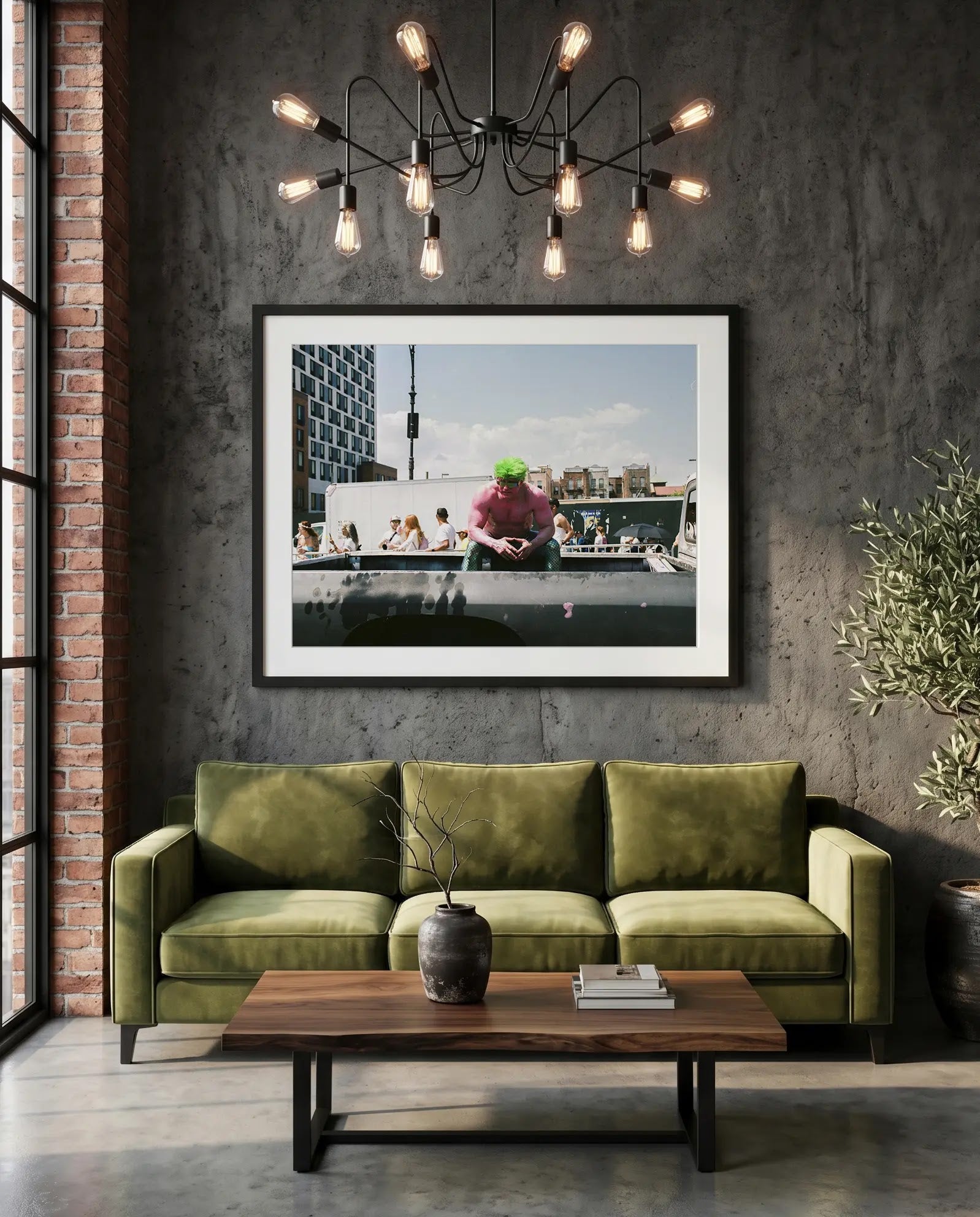 NYC Mermaid Parade Pink Hulk Resting, Coney Island — green velvet couch room mockup, Good Beans NYC.