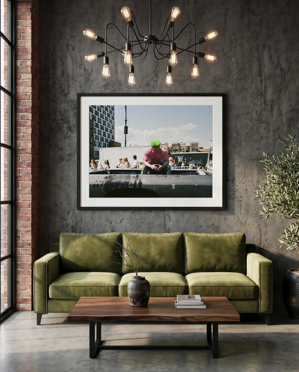 NYC Mermaid Parade Pink Hulk Resting, Coney Island — green velvet couch room mockup, Good Beans NYC.
