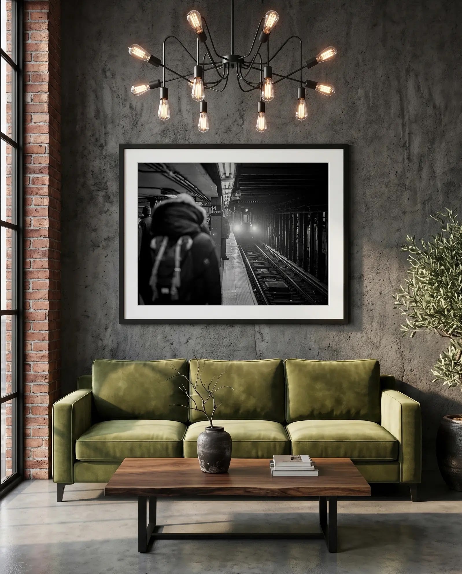 NYC Subway 5 Train Platform, Portals Series — green velvet couch room mockup, Good Beans NYC.