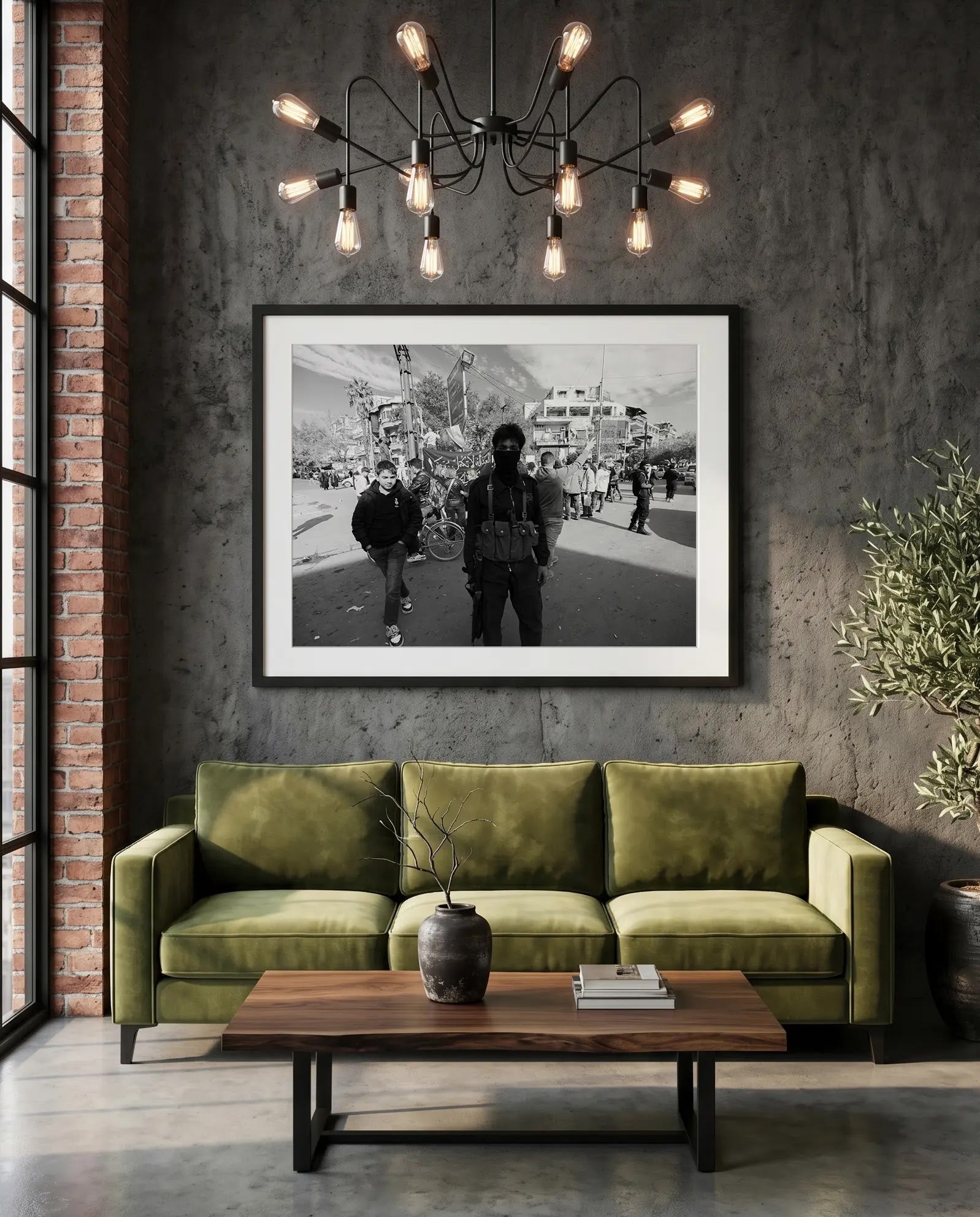 Damascus Masked Armed Fighter at Protest, Syria — green velvet couch room mockup, Good Beans NYC.