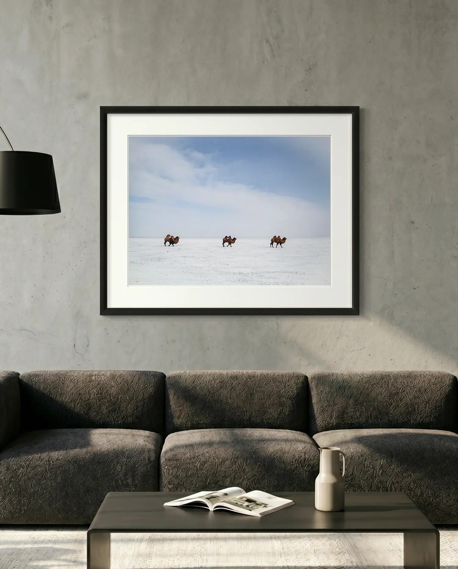 Bactrian Camels on the Mongolian Salt Flat, Gobi — minimalist close-up framed print mockup, Good Beans NYC.
