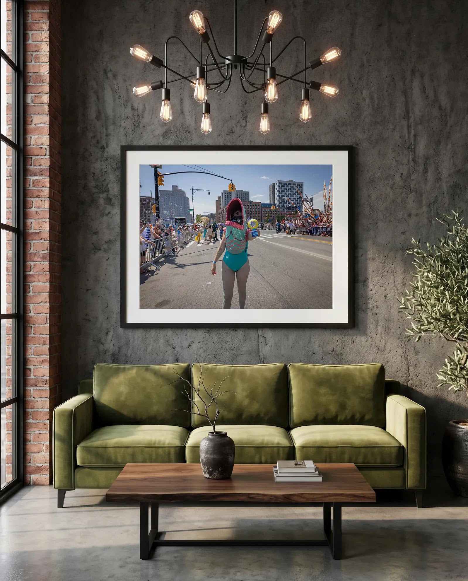 NYC Mermaid Parade Fish Gun — Coney Island — green velvet couch room mockup, Good Beans NYC.
