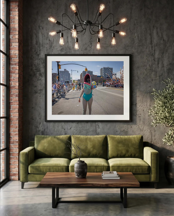 NYC Mermaid Parade Fish Gun — Coney Island — green velvet couch room mockup, Good Beans NYC.