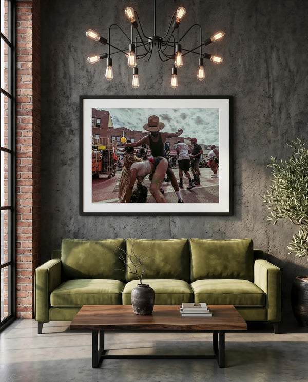 NYC J'Ouvert Straw Hat Dancer, Crown Heights — green velvet couch room mockup, Good Beans NYC.