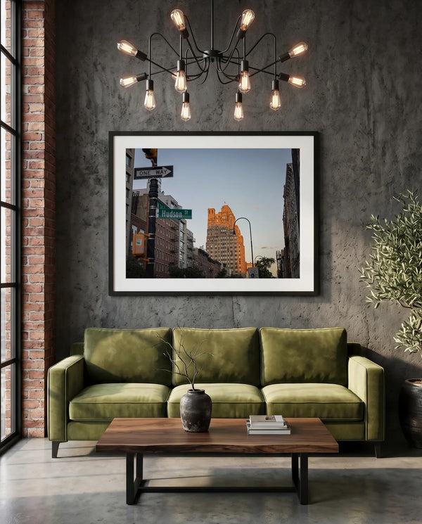NYC Hudson Street Sunset, West Village — green velvet couch room mockup, Good Beans NYC.