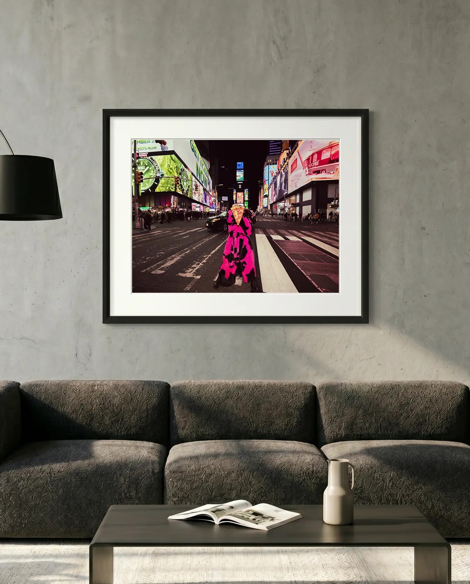 NYC New York in a Time of Pizza From Far — minimalist close-up framed print mockup, Good Beans NYC.