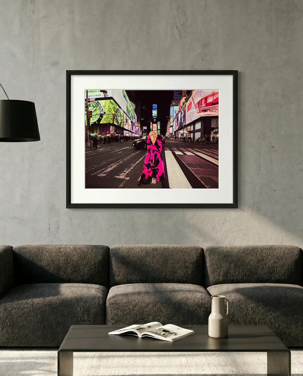 NYC New York in a Time of Pizza From Far — minimalist close-up framed print mockup, Good Beans NYC.