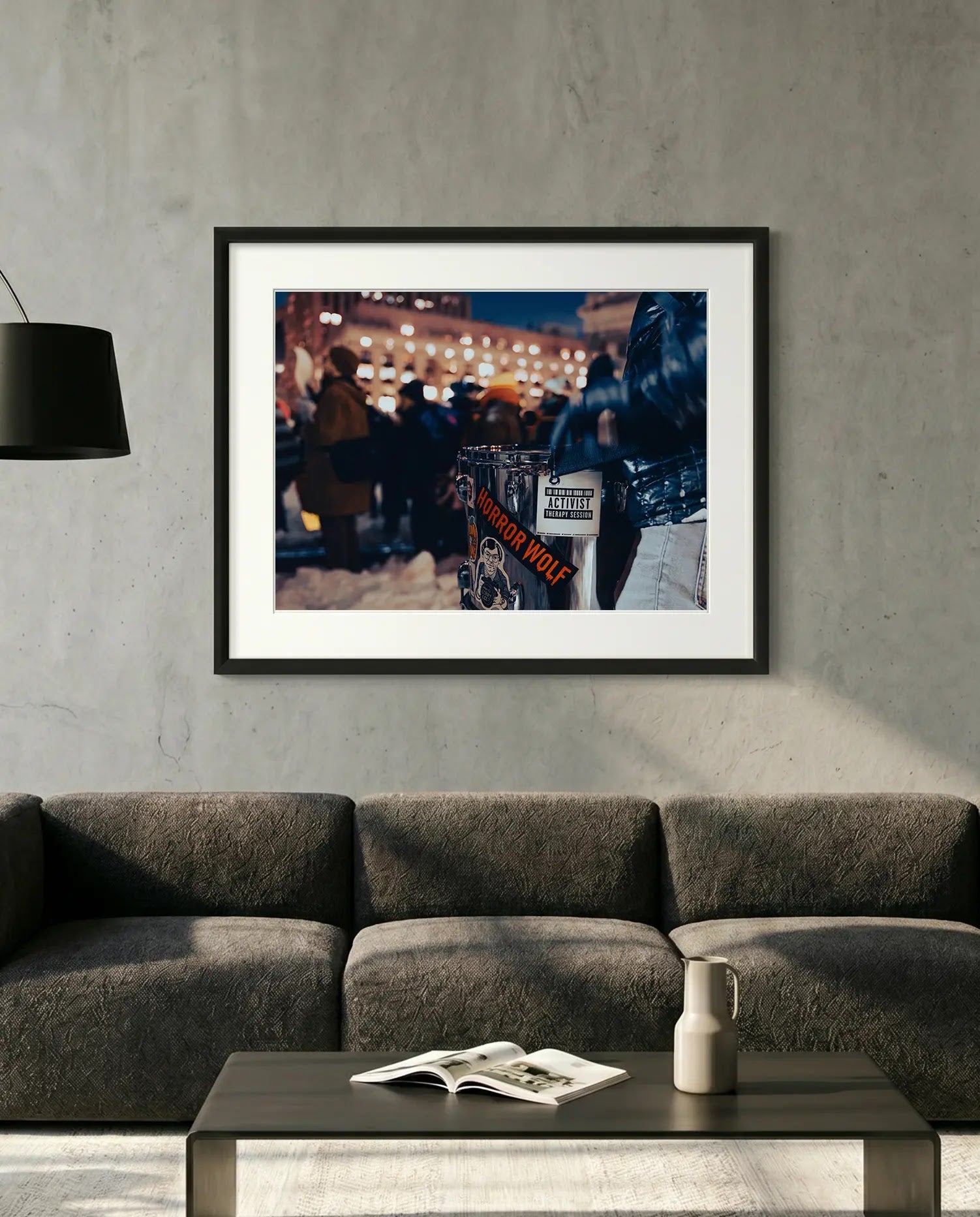 NYC Activist Therapy Session Drum, Winter Protest — minimalist close-up framed print mockup, Good Beans NYC.