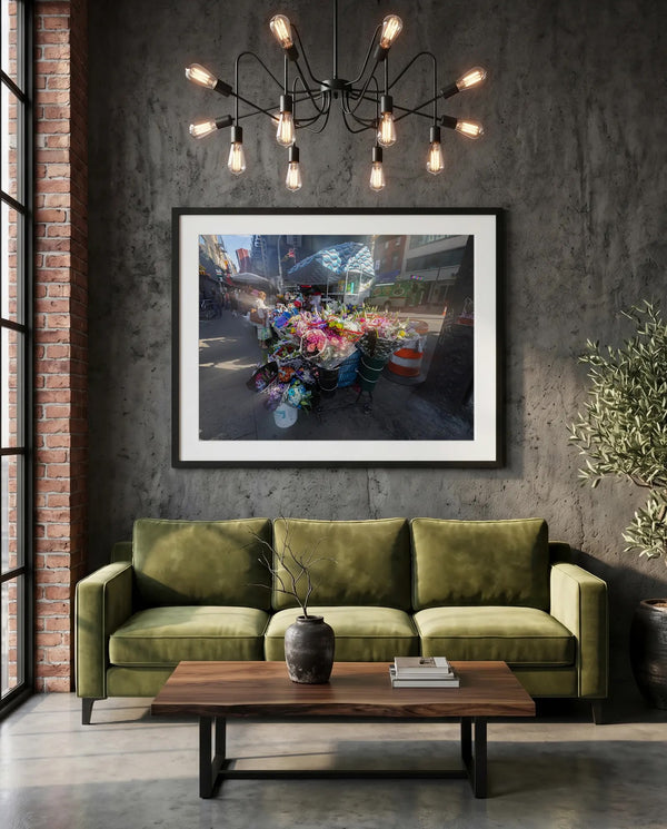 NYC Flower Cart Brooklyn — Under the J Train — green velvet couch room mockup, Good Beans NYC.