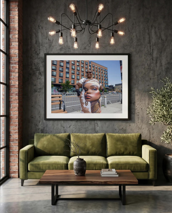 NYC Mermaid Parade Queen Dress, Coney Island — green velvet couch room mockup, Good Beans NYC.