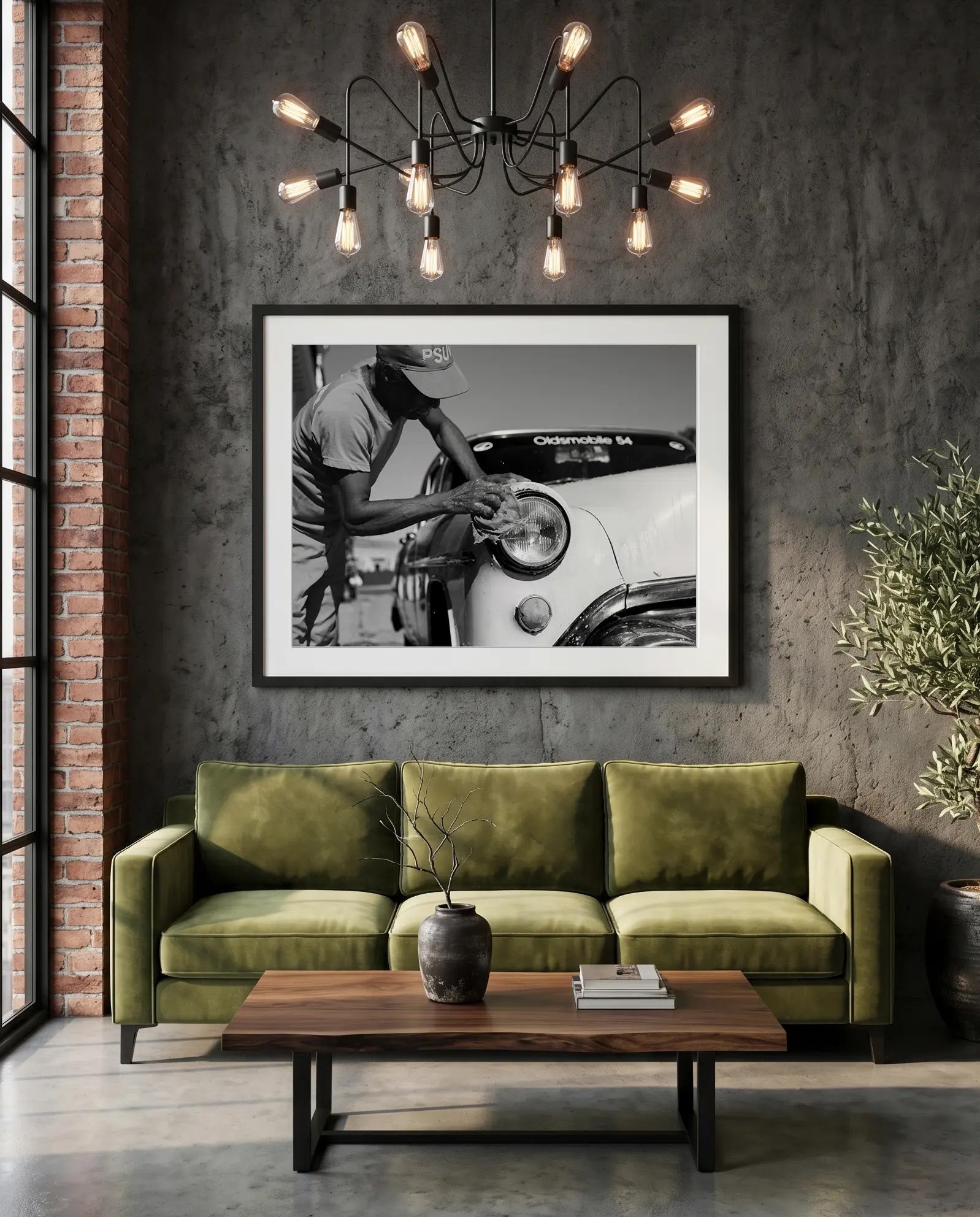 Cuba Car Wash, '54 Oldsmobile, Havana — green velvet couch room mockup, Good Beans NYC.