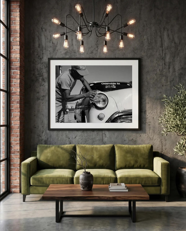 Cuba Car Wash, '54 Oldsmobile, Havana — green velvet couch room mockup, Good Beans NYC.