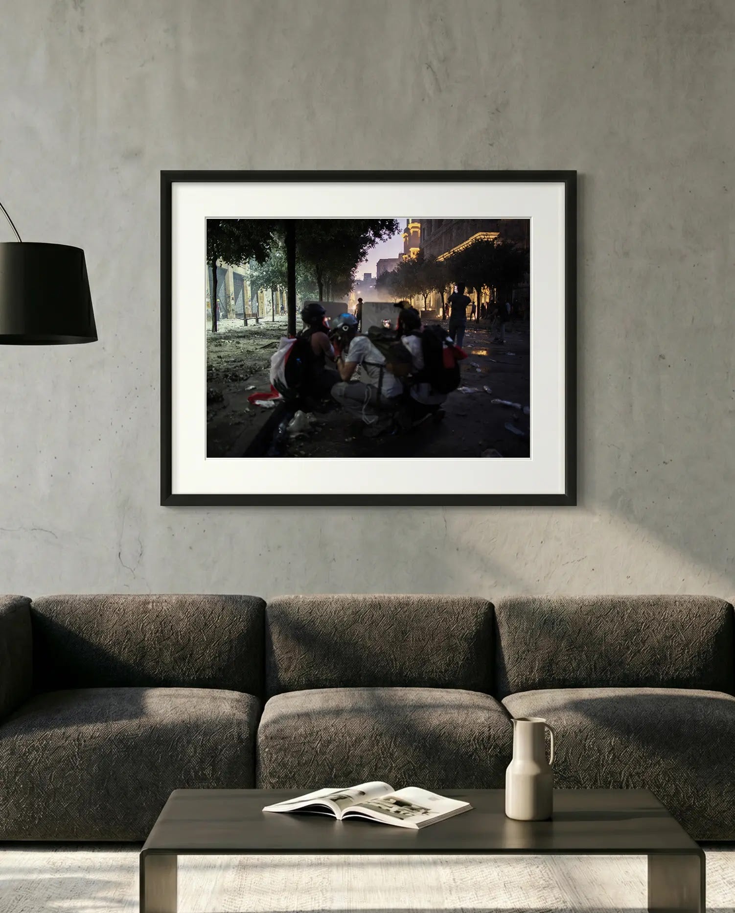 Beirut Shielded Protesters at Night — minimalist close-up framed print mockup, Good Beans NYC.