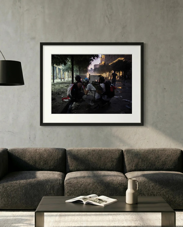Beirut Shielded Protesters at Night — minimalist close-up framed print mockup, Good Beans NYC.