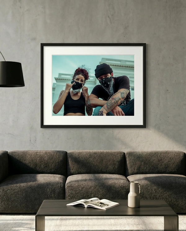 Puerto Rico Masked Protesters at the Capitol — minimalist close-up framed print mockup, Good Beans NYC.