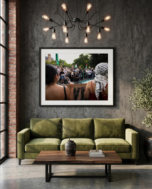 NYC Pro Palestine Protest, Washington Square Park — green velvet couch room mockup, Good Beans NYC.