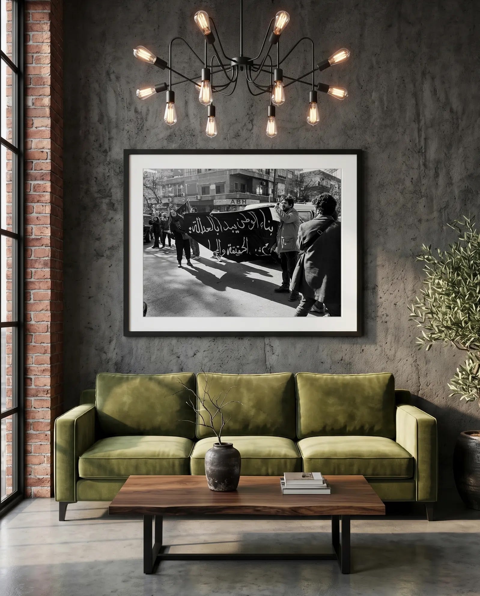 Damascus Justice Banner Protest, Syria — green velvet couch room mockup, Good Beans NYC.