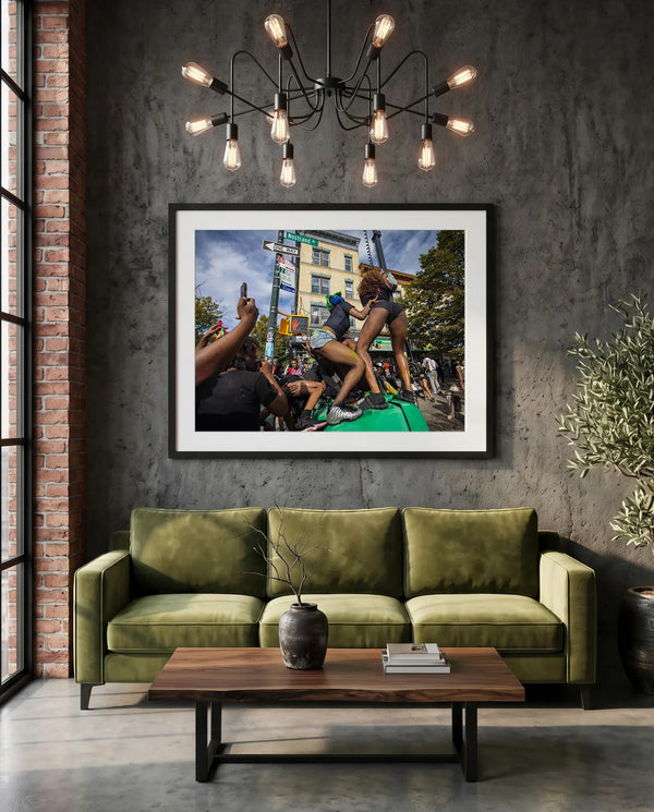 NYC J'Ouvert Twerking, Nostrand Avenue — green velvet couch room mockup, Good Beans NYC.