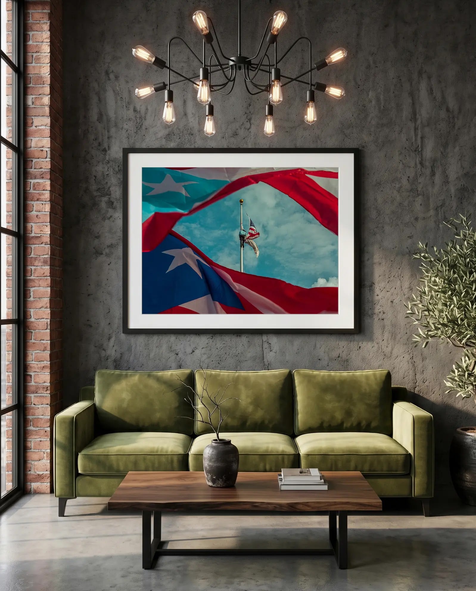 Puerto Rican Flag, American Flag at Half Mast, San Juan — green velvet couch room mockup, Good Beans NYC.