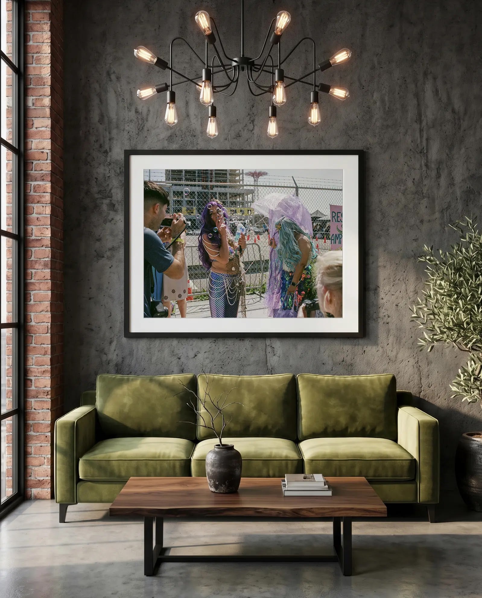 NYC Mermaid Parade Smoking, Coney Island — green velvet couch room mockup, Good Beans NYC.