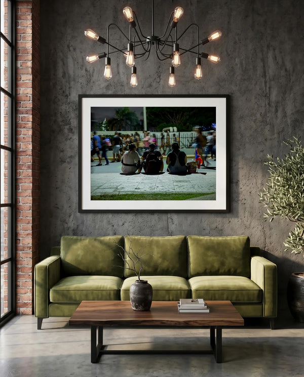 Puerto Rico Three Friends at Night, San Juan — green velvet couch room mockup, Good Beans NYC.