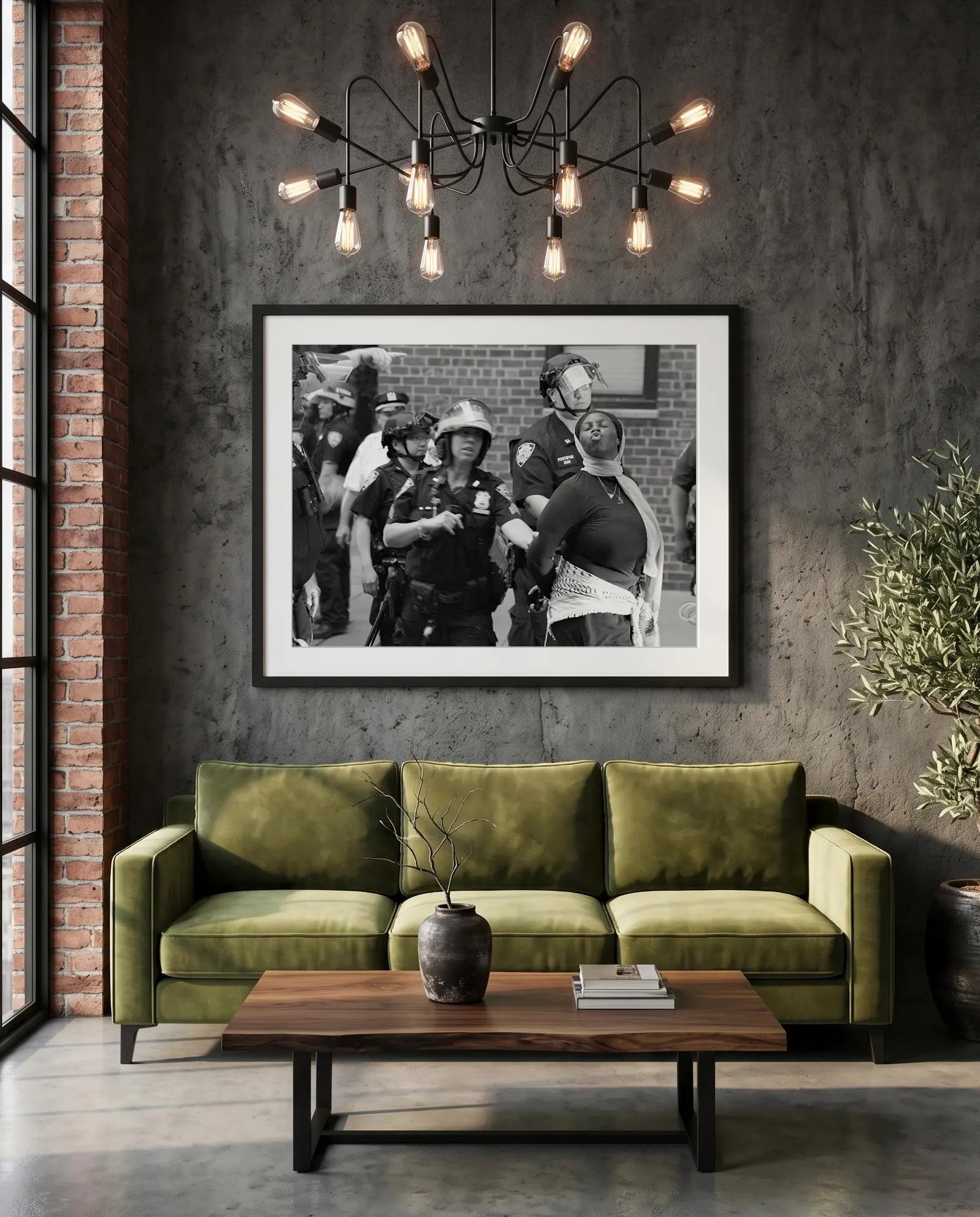 NYC Palestine Kiss, Washington Square Park — green velvet couch room mockup, Good Beans NYC.