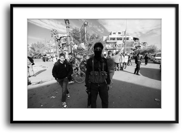 Damascus Masked Armed Fighter at Protest, Syria
