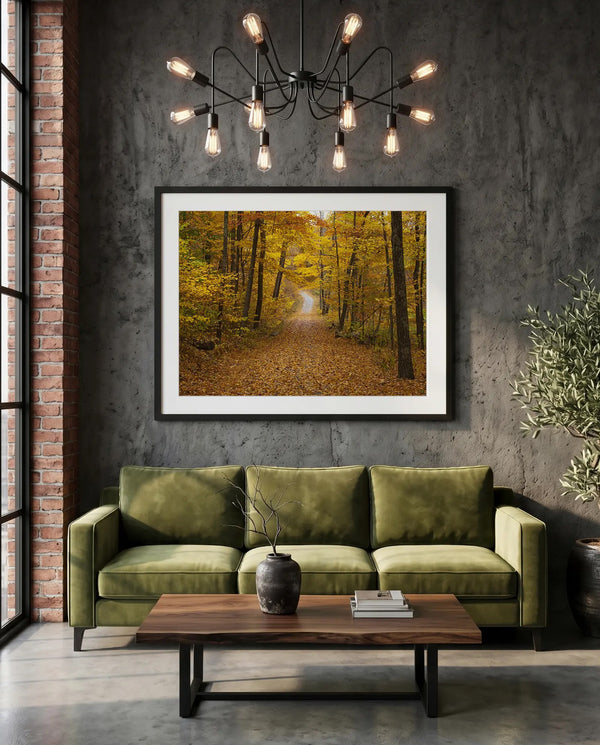 NY Fall Forest, Hudson Valley — New Paltz — green velvet couch room mockup, Good Beans NYC.