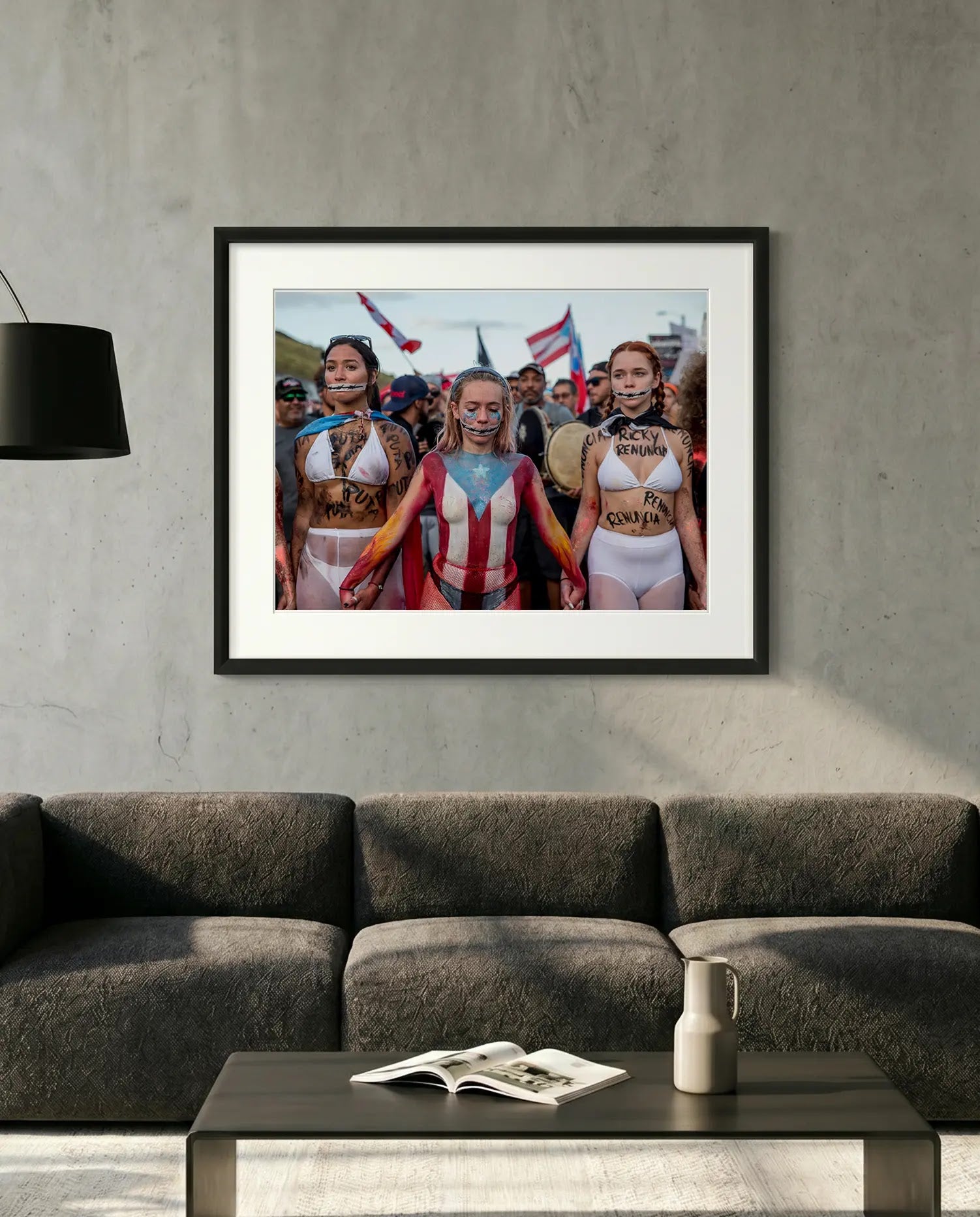 Puerto Rico Women, Ricky Renuncia Protest, San Juan — minimalist close-up framed print mockup, Good Beans NYC.