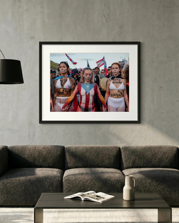 Puerto Rico Women, Ricky Renuncia Protest, San Juan — minimalist close-up framed print mockup, Good Beans NYC.
