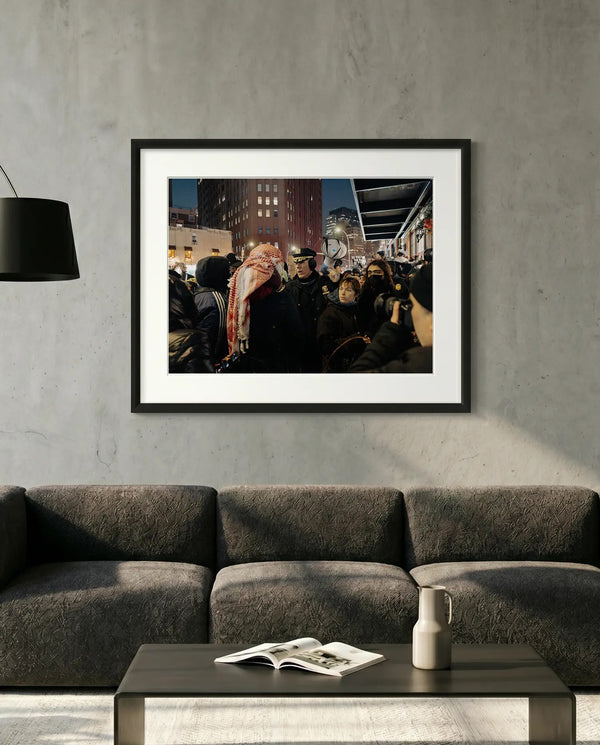 NYC NYPD Megaphone Standoff, Pro Palestine — minimalist close-up framed print mockup, Good Beans NYC.