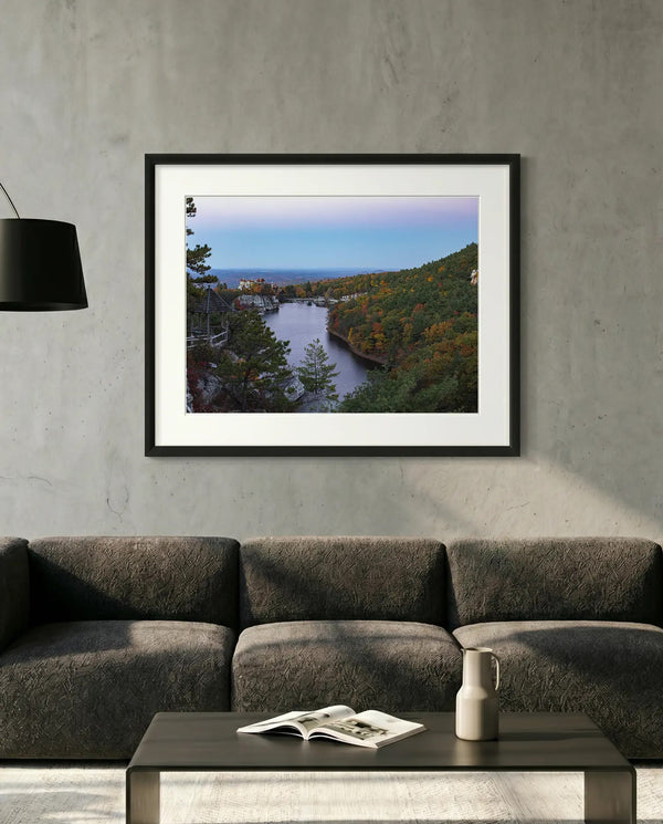 NY Mohonk Mountain House Fall, Hudson Valley — minimalist close-up framed print mockup, Good Beans NYC.