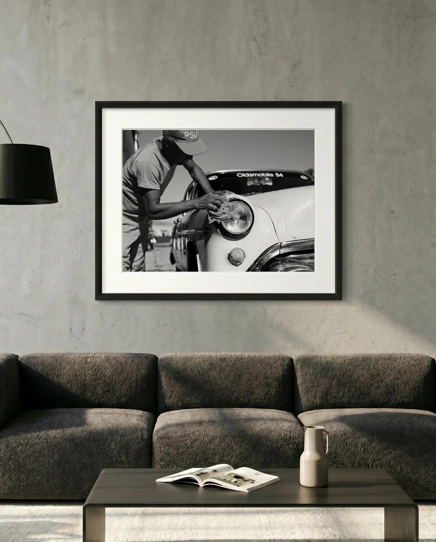 Cuba Car Wash, '54 Oldsmobile, Havana — minimalist close-up framed print mockup, Good Beans NYC.