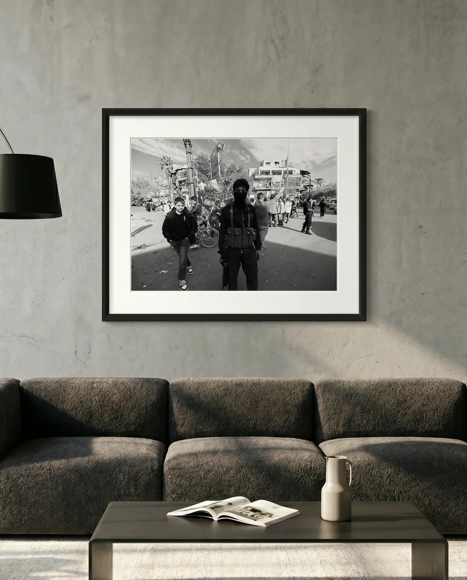 Damascus Masked Armed Fighter at Protest, Syria — minimalist close-up framed print mockup, Good Beans NYC.