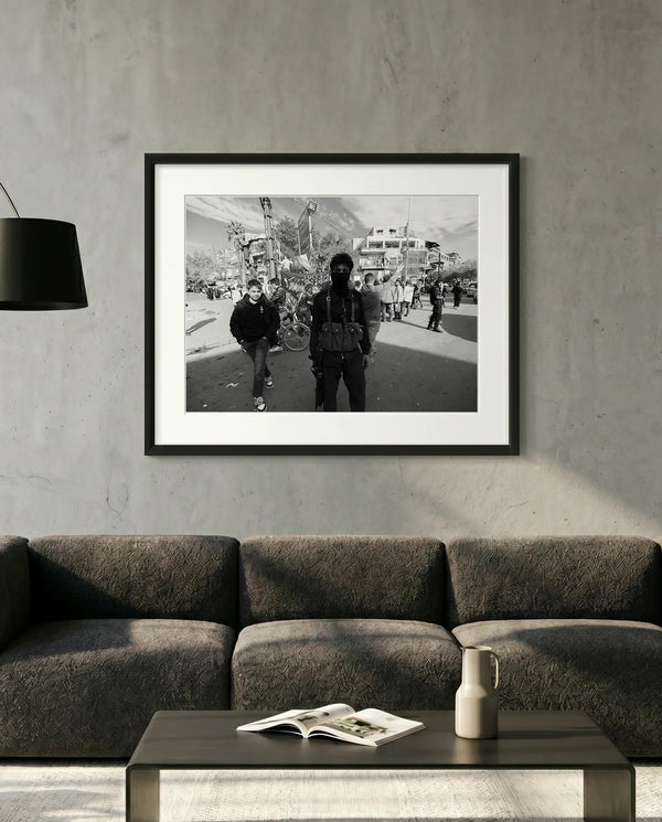 Damascus Masked Armed Fighter at Protest, Syria — minimalist close-up framed print mockup, Good Beans NYC.