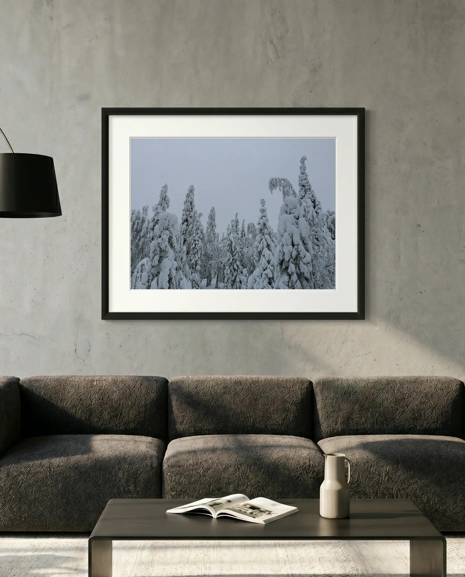 Finland Arctic Circle Snow Forest, Lapland — minimalist close-up framed print mockup, Good Beans NYC.
