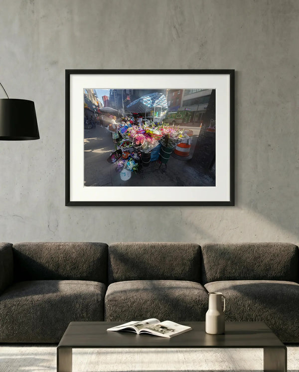 NYC Flower Cart Brooklyn — Under the J Train — minimalist close-up framed print mockup, Good Beans NYC.