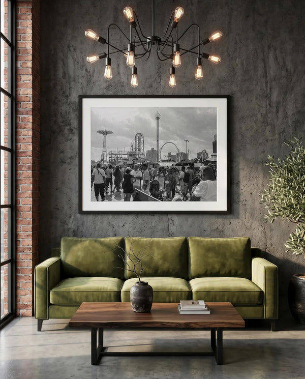 NYC Coney Island Theme Park, Brooklyn — green velvet couch room mockup, Good Beans NYC.