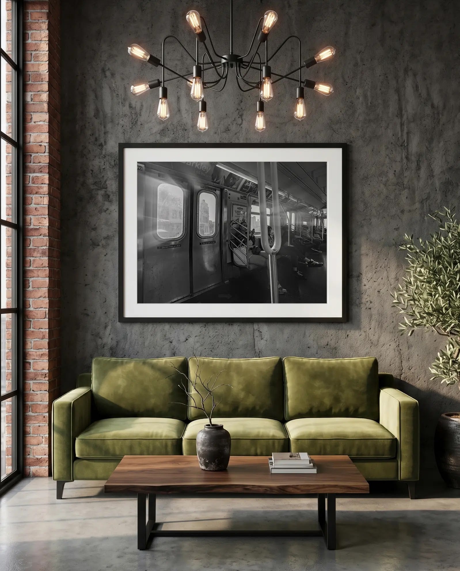 NYC Subway Sunlight Crossing the Manhattan Bridge — green velvet couch room mockup, Good Beans NYC.