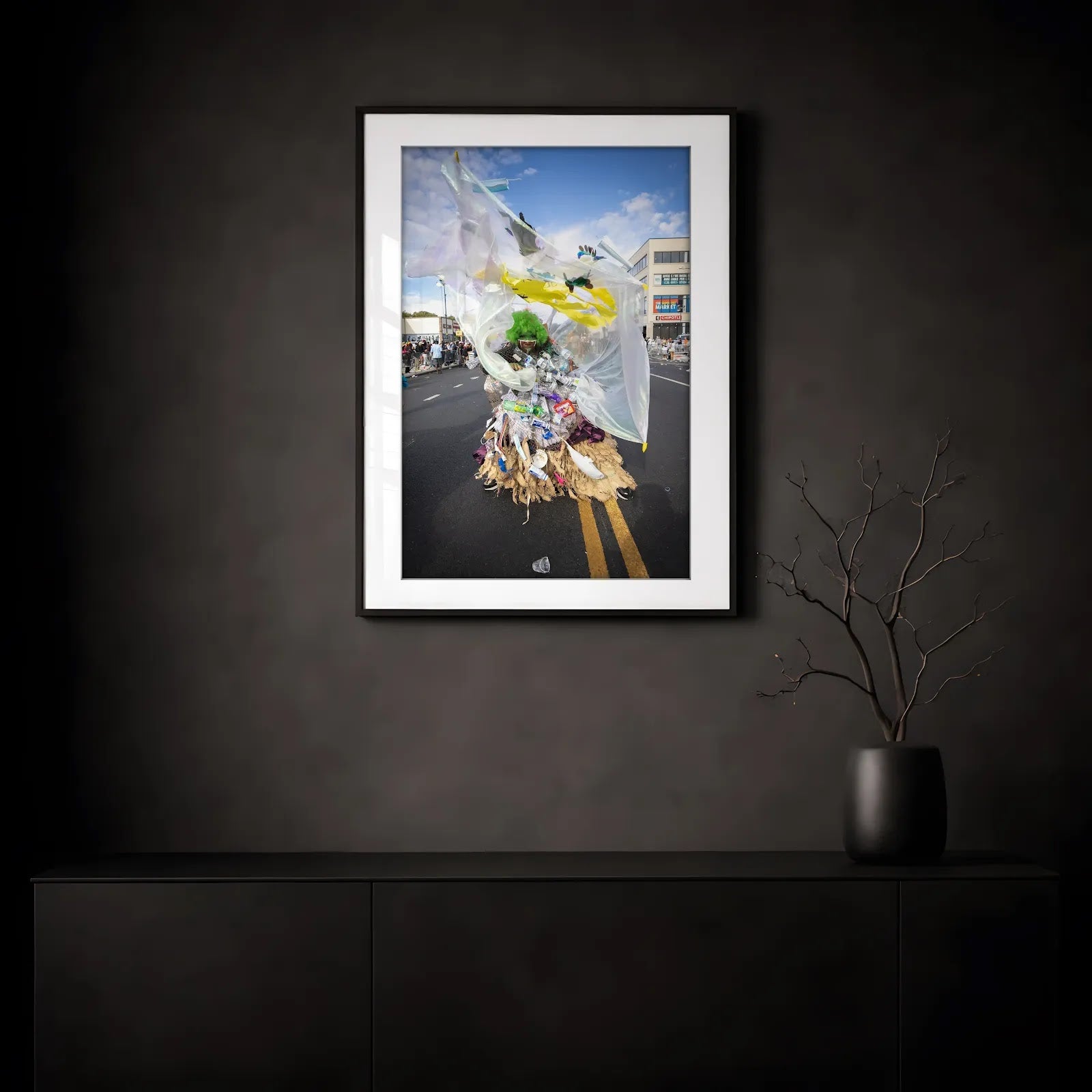 NYC J'Ouvert Green Woman Trash Costume, Flatbush — transparent frame mockup, Good Beans NYC.