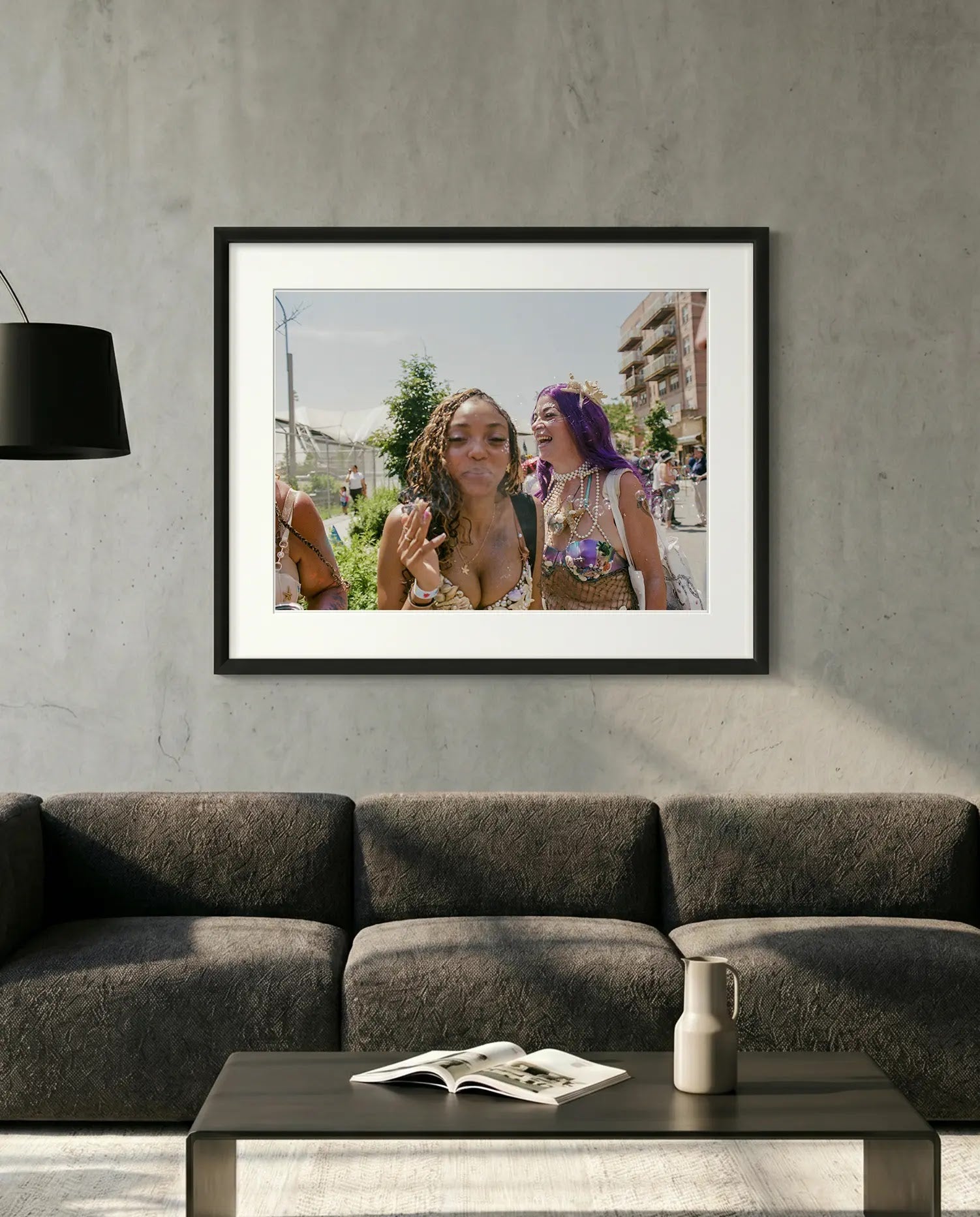 NYC Mermaid Parade Smoking & Laughing, Coney Island — minimalist close-up framed print mockup, Good Beans NYC.