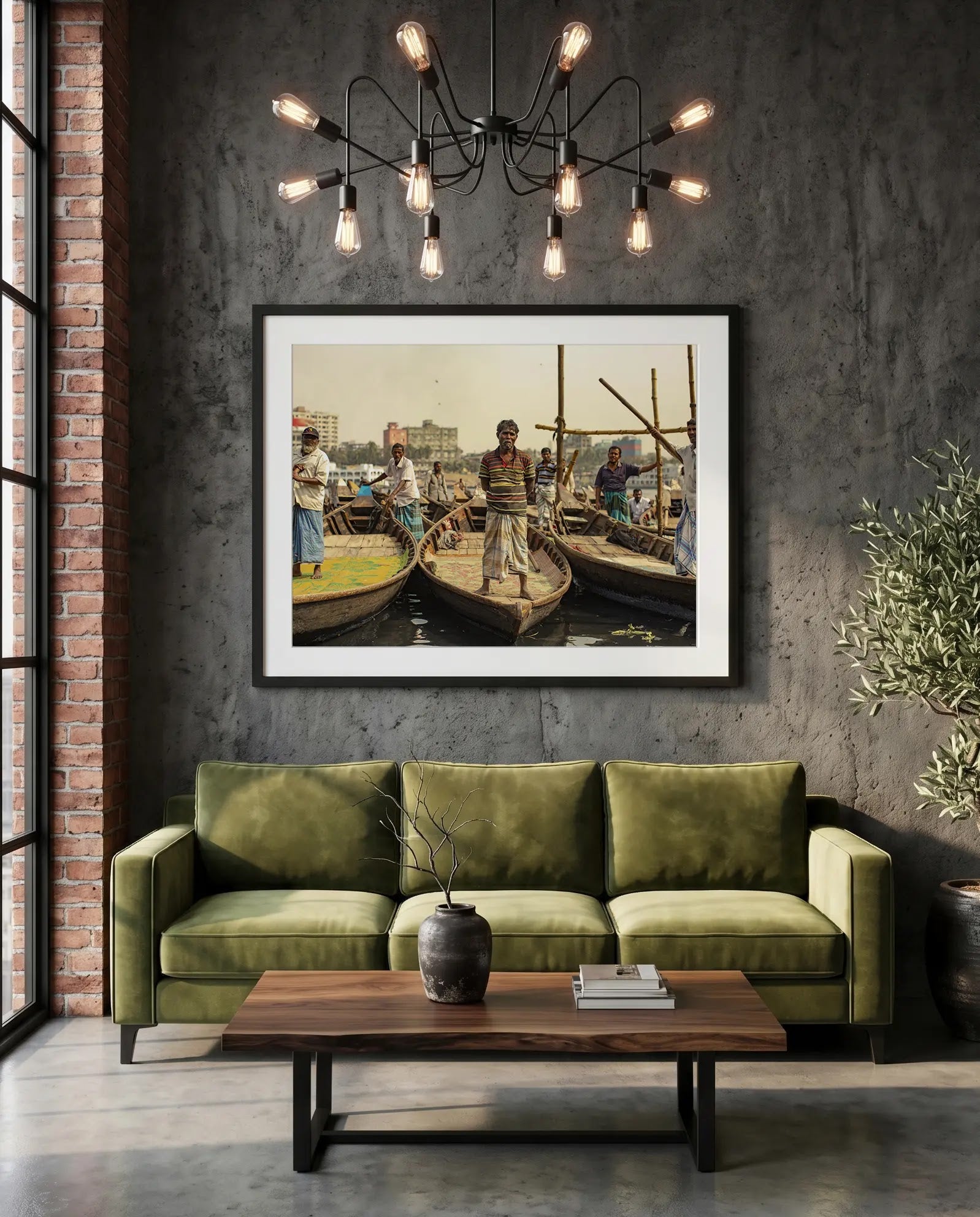 Dhaka Boat Men, Buriganga River — green velvet couch room mockup, Good Beans NYC.