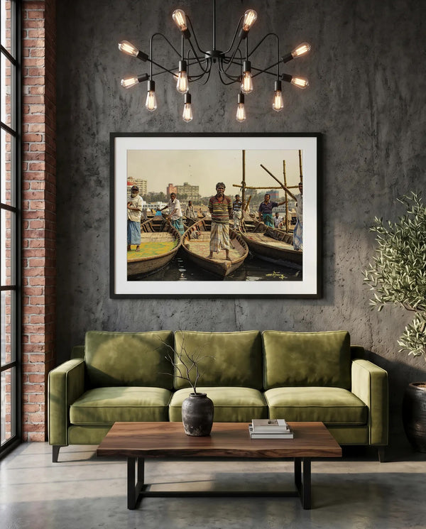 Dhaka Boat Men, Buriganga River — green velvet couch room mockup, Good Beans NYC.