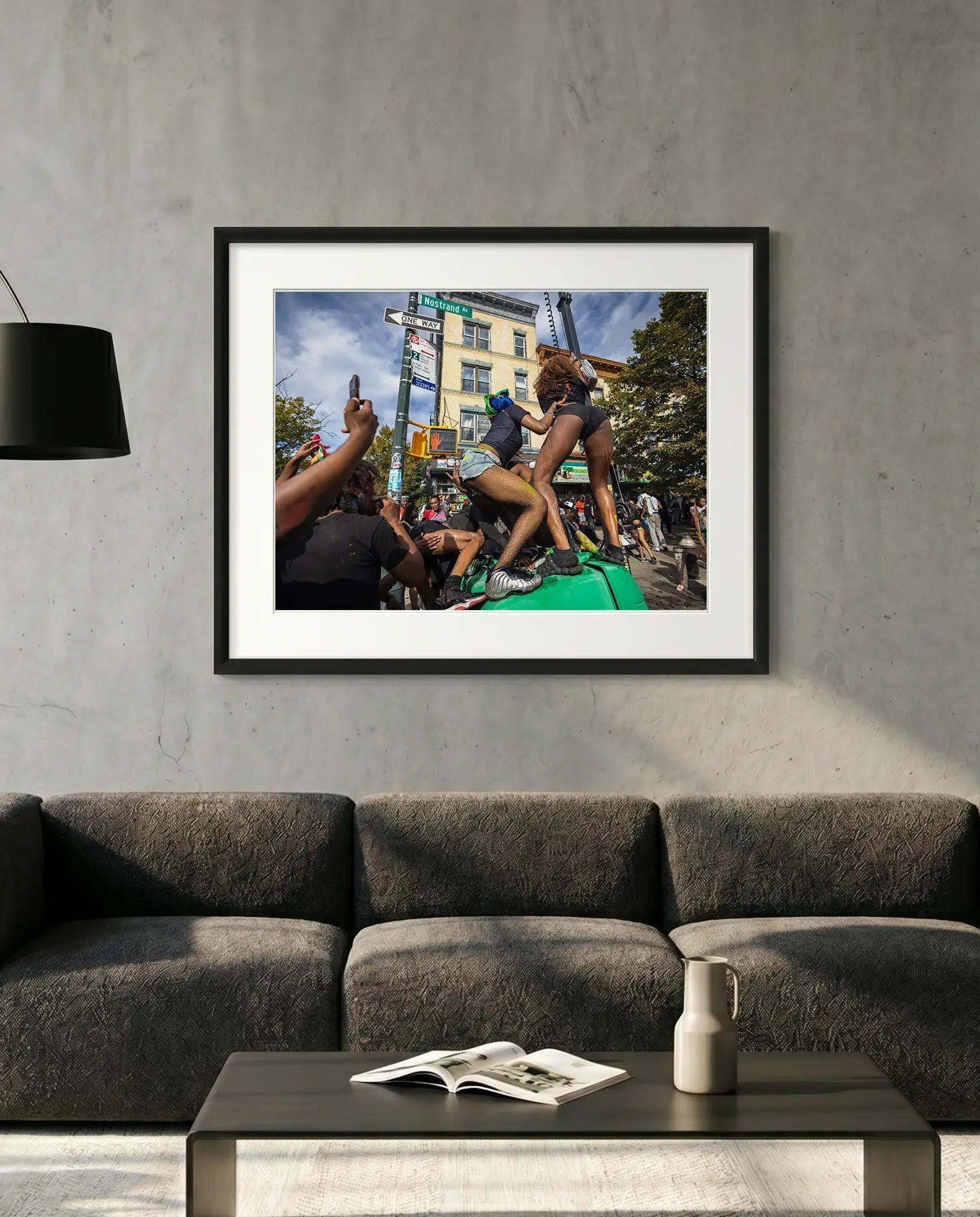 NYC J'Ouvert Twerking, Nostrand Avenue — minimalist close-up framed print mockup, Good Beans NYC.