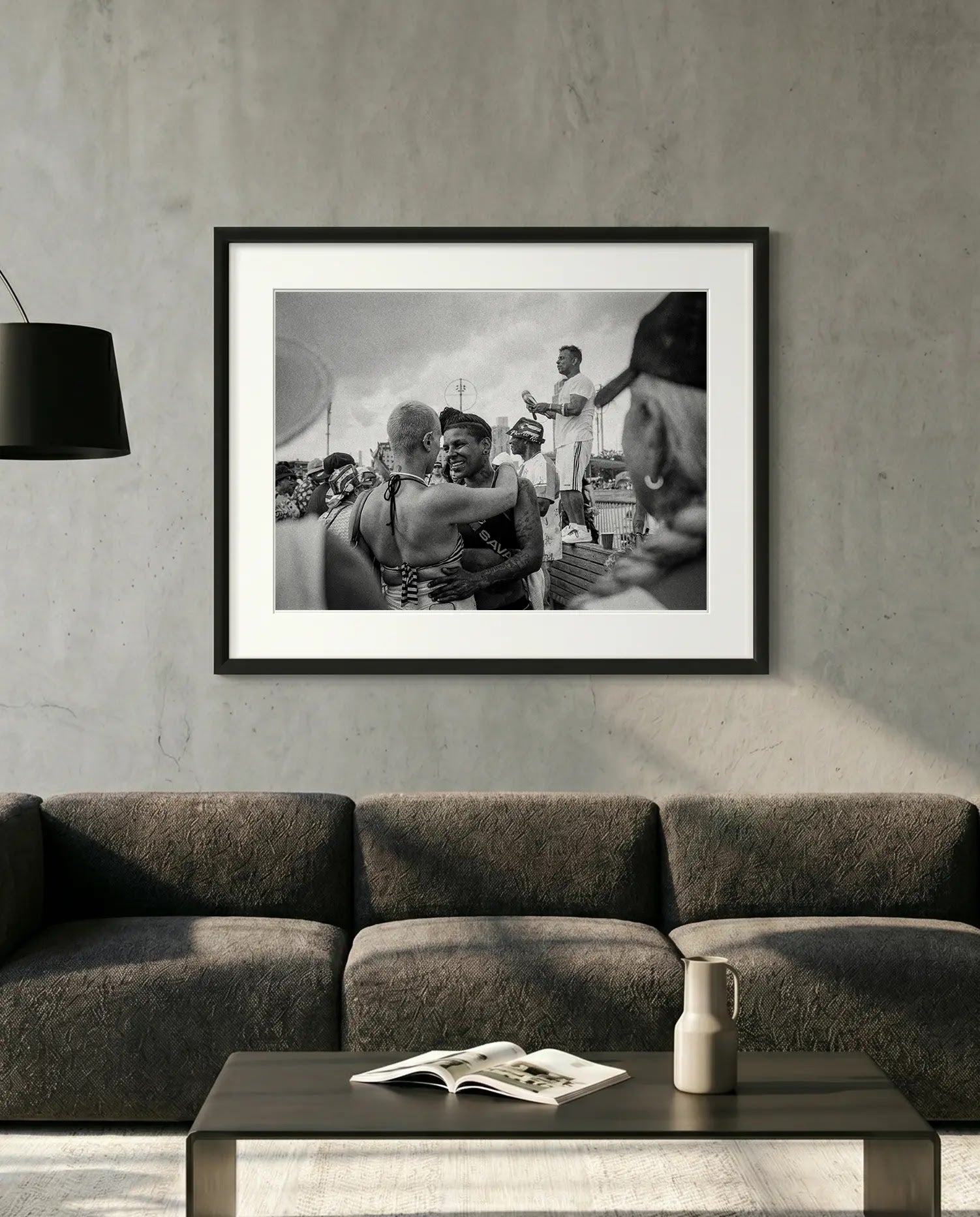 NYC Coney Island Girl Couple, Boardwalk — minimalist close-up framed print mockup, Good Beans NYC.